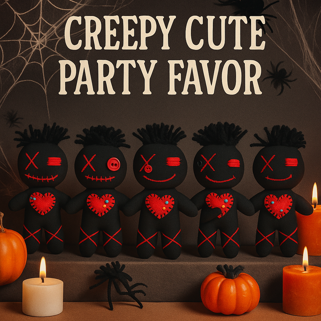 Set of 5 Black Voodoo Dolls with Pins – 4 inches Mini Gothic Party Favors – Handmade Creepy Cute Gifts