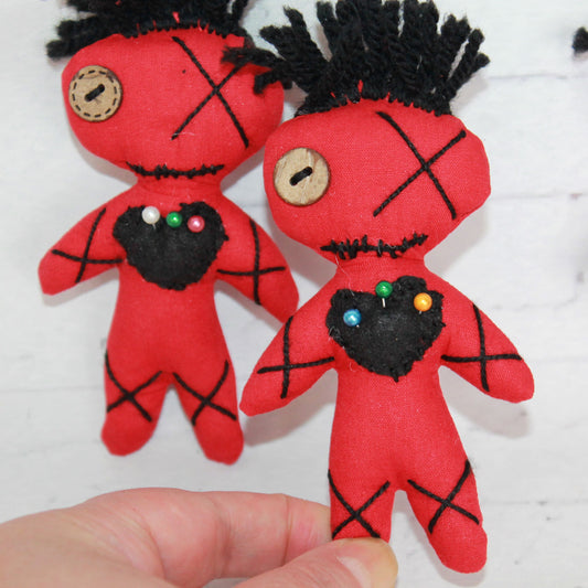 Set of 3 handmade red voodoo dolls, 4 inch mini plush with stitched hearts and pins – spooky cute gothic party favors or Halloween decor