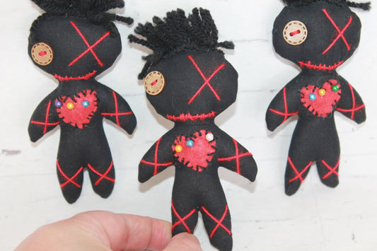 Set of 3 Black Voodoo Dolls with Red Hearts and Pins – Handmade 4 Inch Creepy Cute Gothic Decor
