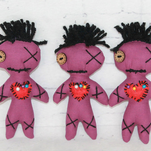 3 handmade purple voodoo dolls for success – spiritual gift and good luck charm set