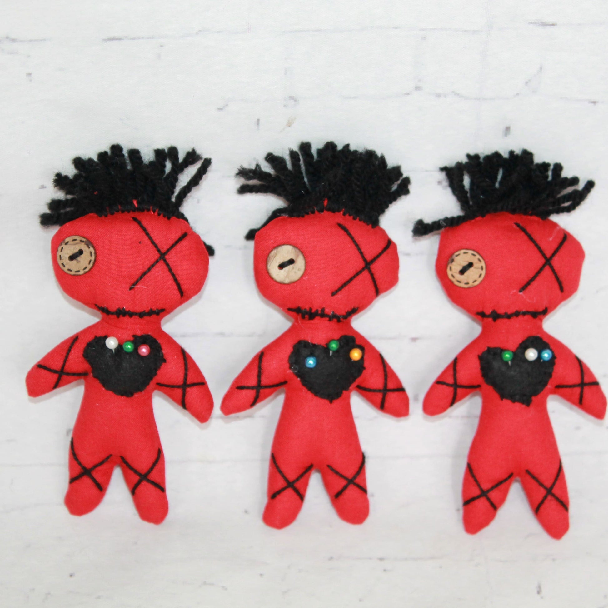 Set of 3 handmade red voodoo dolls, 4 inch mini plush with stitched hearts and pins – spooky cute gothic party favors or Halloween decor