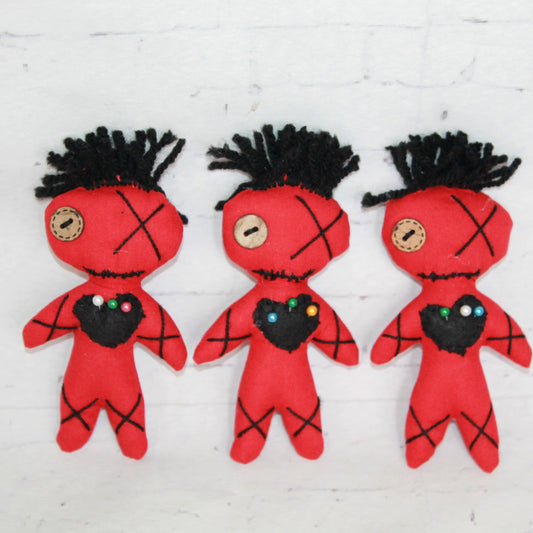 Set of 3 handmade red voodoo dolls, 4 inch mini plush with stitched hearts and pins – spooky cute gothic party favors or Halloween decor